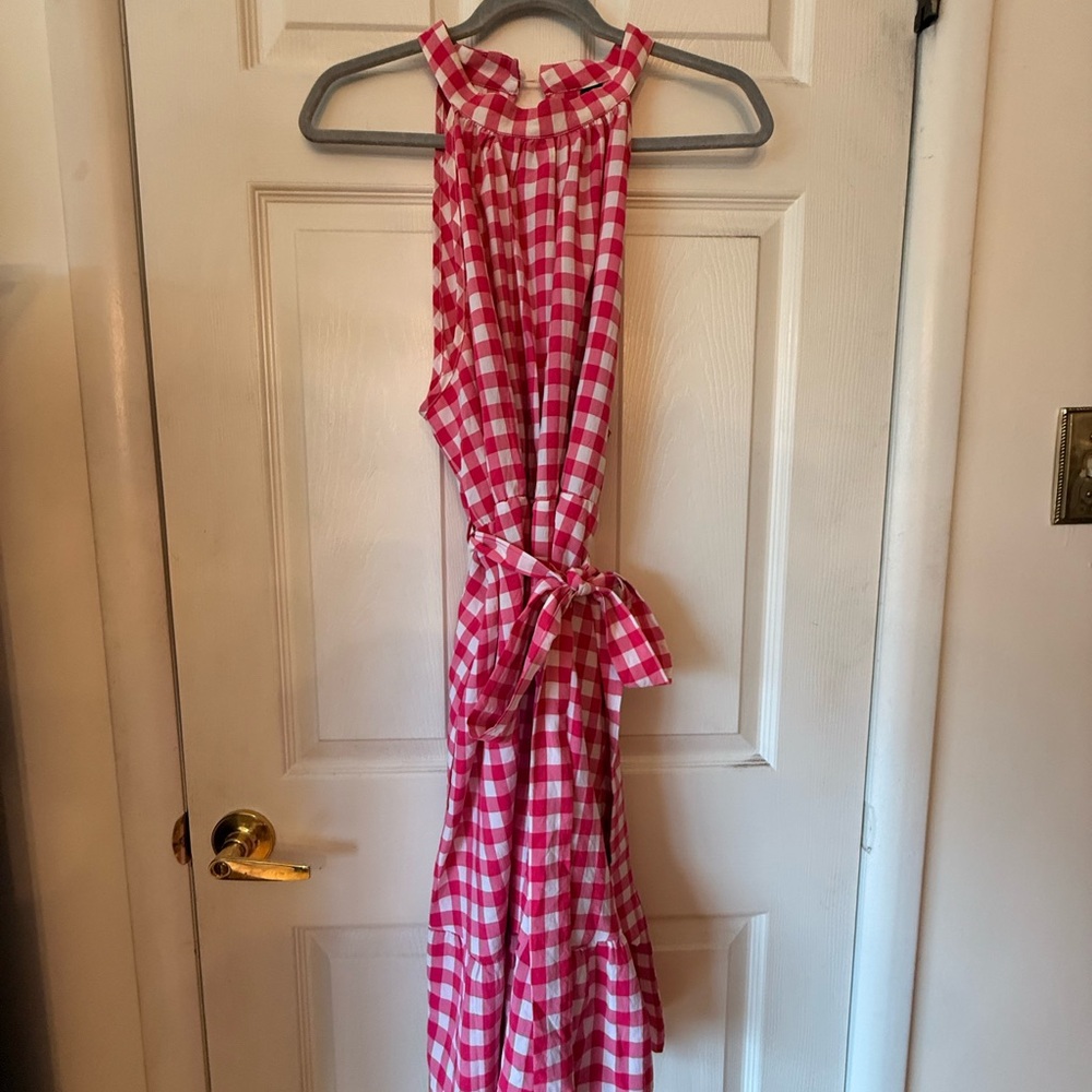 SHEIN Pink and White Gingham Midi Dress